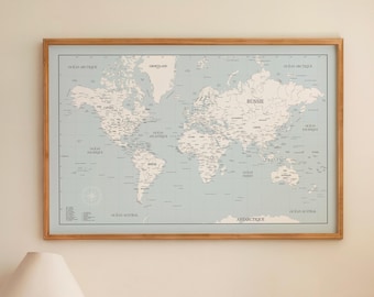 Light blue and white world map – fresh and airy minimalist wall art – modern décor for a bright interior