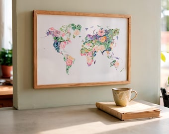 Boho watercolor world map print – floral silhouette illustration for poetic and nature-inspired interiors