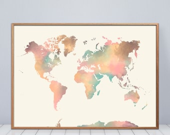 Simple world map in pastel colors, Wall decoration for the office