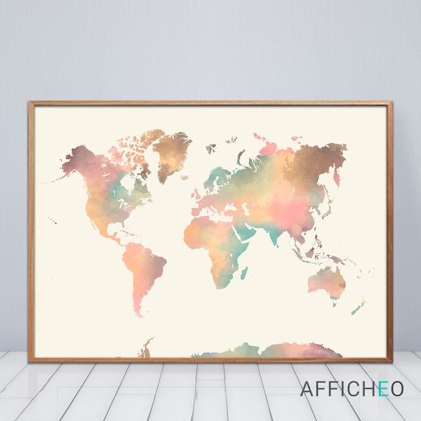 Carte du monde simple aux couleurs pastels, Décoration murale pour le bureau