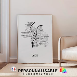 Affiche de Lyon noir et blanc avec tous les noms des quartiers