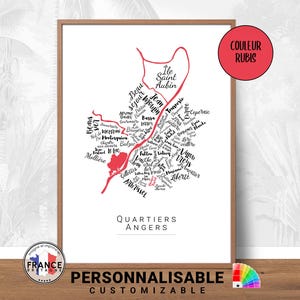Affiche Angers, Carte des quartiers personnalisable Angers, Affiche moderne avec les noms des quartiers, Cadeau déco personnalisé