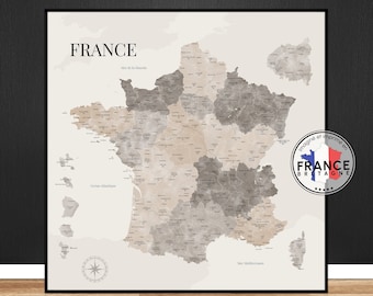 Carte de France aux tonalités aquarelle beiges, Carte des départements de France aux tons neutres, Idée cadeau originale