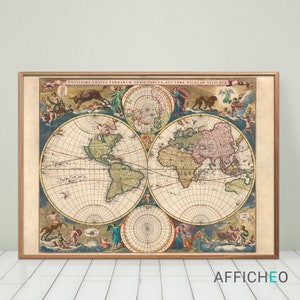 Reproduction d'une magnifique carte du monde ancienne avec ses illustrations du zodiaque du XVIIème siècle