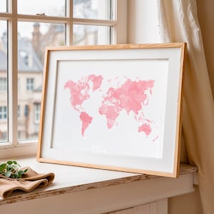Carte du monde rose à imprimer, Carte du monde murale à télécharger, Affiche décoration chambre bébé, Mappemonde vierge, Poster déco voyage