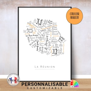 Affiche de La Réunion personnalisable, Carte île de la Réunion avec noms des villes et villages, Poster déco moderne, Idée cadeau originale