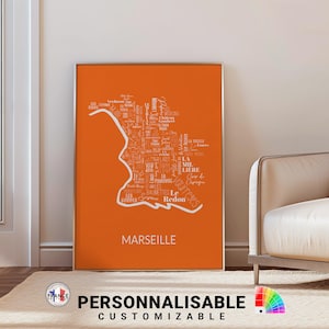 Carte Marseille avec noms quartiers, 12 couleurs au choix, Affiche Marseille personnalisée, Impression Marseille, Cadeau déco personnalisé