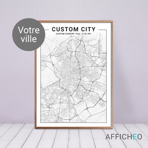 Carte de ville personnalisée, idée cadeau déco personnalisée, plan en noir et blanc de votre ville, Affiche des rues de votre ville