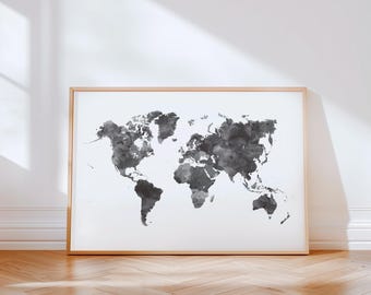 Carte du monde noir et blanc à imprimer, Carte du monde vierge, Mappemonde murale à Télécharger, Affiche aquarelle noir et blanc