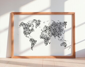 Minimalist Black and White World Map Print – Hyper-Graphic Modern Poster in a Clean, Contemporary Style