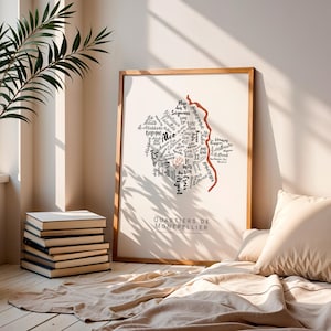 Montpellier City Poster with Neighborhoods Names – Personalized Modern Black and White Typographic Wall Art
