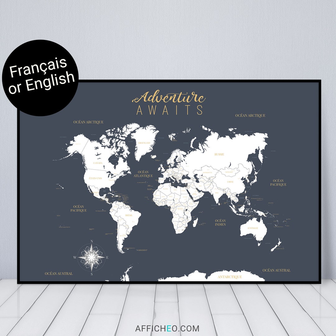 Grande carte du monde avec pays et capitales en français, Planisphère  détaillée bleue, Idée cadeau pour crémaillère -  France