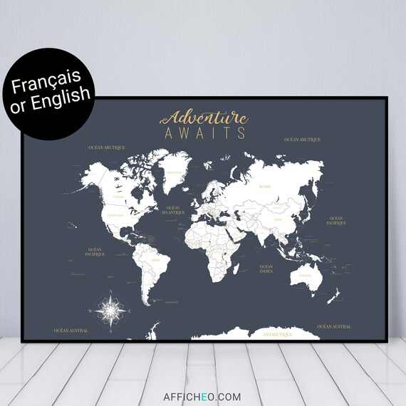 Grande Carte Du Monde Avec Pays Et Capitales En Francais Etsy Singapore