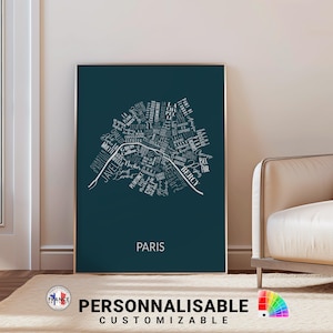 Affiche personnalisée de Paris incluant tous les noms des quartiers, Couleur du fond à choisir dans notre nuancier de 70 couleurs