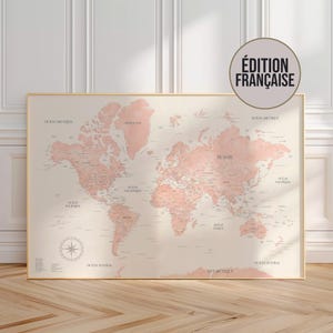 Pastel pink watercolor world map – detailed educational wall art with countries, capitals and borders