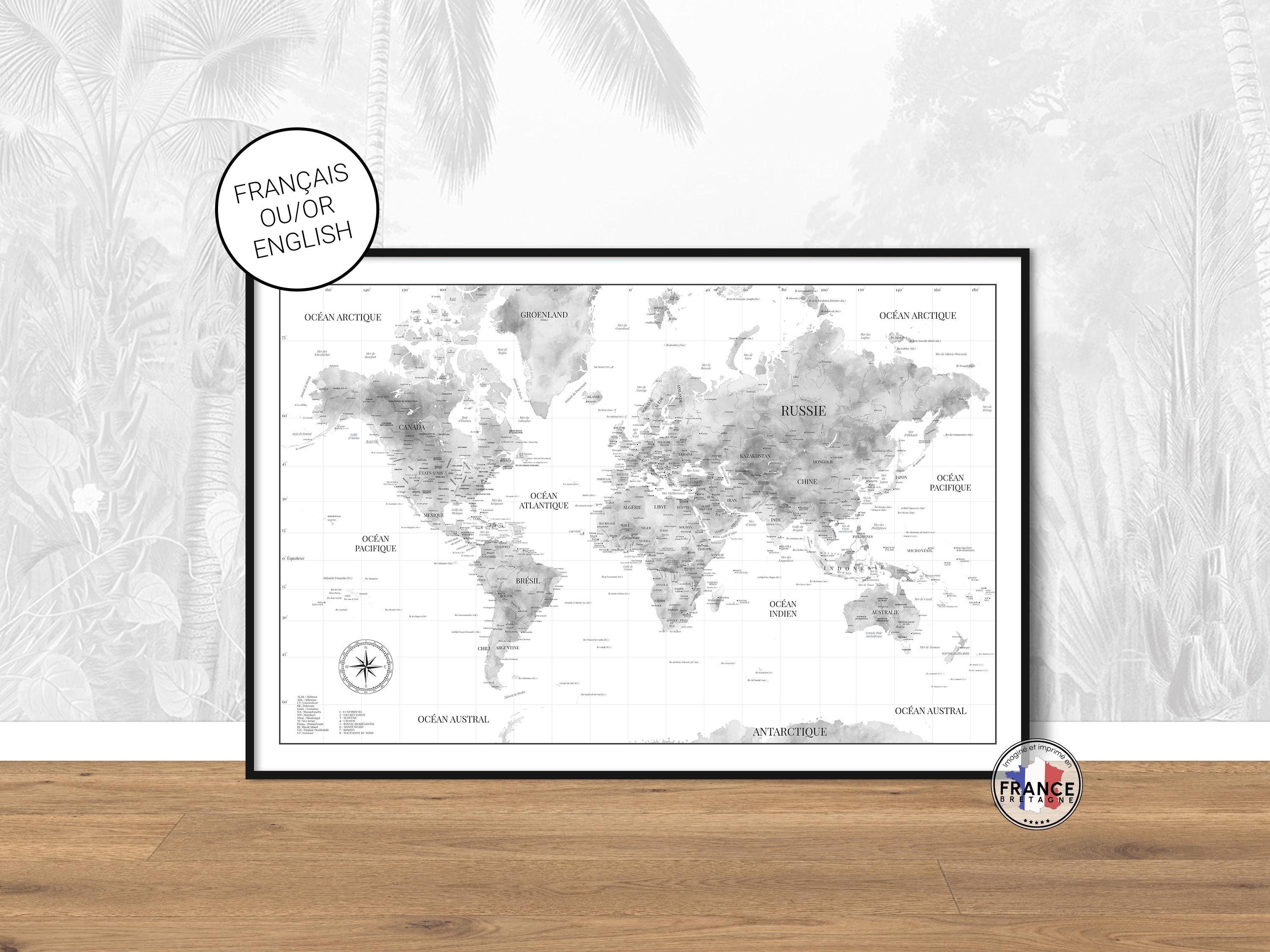 Big map of the world with countries and capitals in English, Detailed black and white tones world map, Wall art print