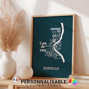 Carte de Bordeaux, 12 couleurs au choix, Affiche noms des quartiers de Bordeaux, Carte personnalisée des quartiers de Bordeaux, Idée cadeau