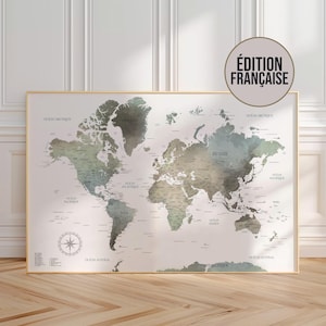 Neutral-toned world map – calming decorative print with detailed countries, cities and geographic features
