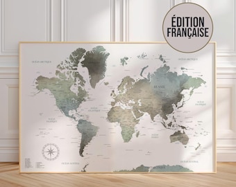 Neutral-toned world map – calming decorative print with detailed countries, cities and geographic features