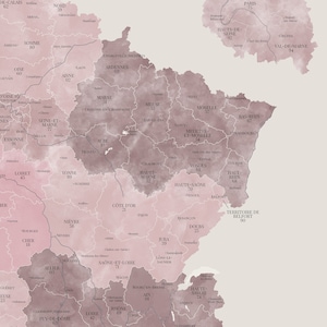 Carte de France aux tonalités aquarelle roses, Carte des départements de France, Affiche décorative détaillée, Idée cadeau originale image 3