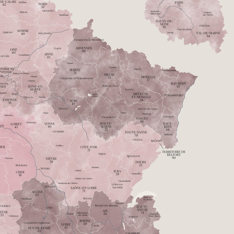 Carte de France aux tonalités aquarelle roses, Carte des départements de France, Affiche décorative détaillée, Idée cadeau originale image 3