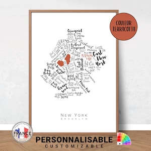 Affiche de Brooklyn, Carte des quartiers de Brooklyn, New-York, Plan original à personnaliser, Cadeau déco personnalisé, Idée cadeau unique