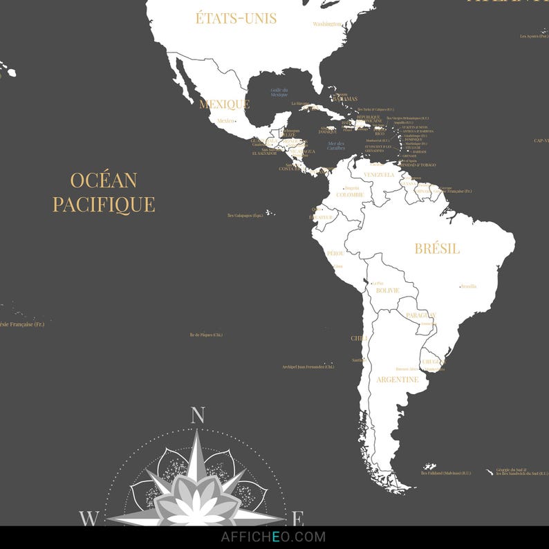 Zoom sur la Carte du monde murale grise et blanche avec les noms des pays et des capitales