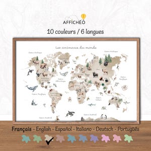 Carte du monde animaux, décoration murale chambre enfant, affiche avec des animaux sauvages, poster aquarelle des animaux du monde