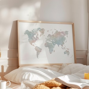 Minimalist world map – soft pastel tones, calming decorative wall art