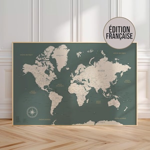 Sage green and beige world map print – elegant wall art for masculine interiors