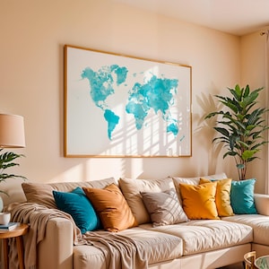 Carte du monde à imprimer, Affiche déco bleu turquoise, Mappemonde vierge À TÉLÉCHARGER, Décoration murale chambre bébé, Poster aquarelle
