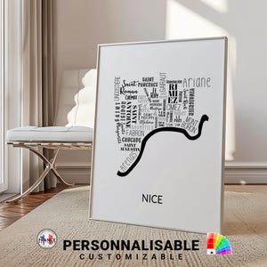 Affiche Nice noir et blanc, personnalisable 12 couleurs au choix, Carte quartiers de Nice, Affiche moderne colorée, Cadeau déco personnalisé