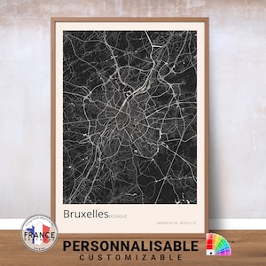 Affiche de Bruxelles - Plan des rues en noir et blanc, 12 Couleurs au Choix, Idée Cadeau Crémaillère, Décoration Murale Unique