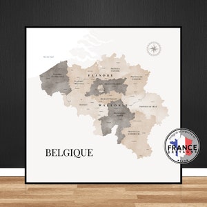 Carte de Belgique, Carte des régions de Belgique aux couleurs neutres, Aquarelle en Français ou Néerlandais, Idée cadeau