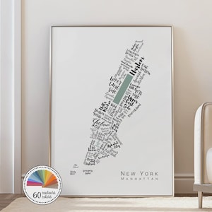 New York Poster – Typographic Map of Manhattan with 64 Neighborhoods – Customisable with Your Favorite District and Color Choice