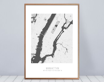 Minimalist map of New York in black and white, Industrial style Manhattan poster