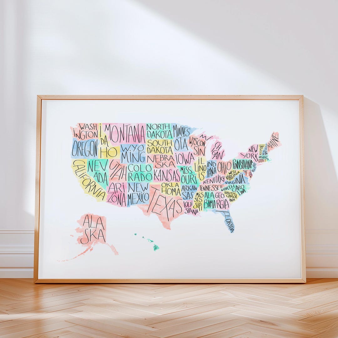 Watercolor United States Map Print – Colorful Poster With Hand-lettered ...
