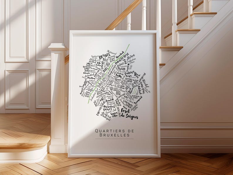 Carte personnalisée Bruxelles – Choisissez votre quartier & couleur – Affiche déco moderne – Idée cadeau belge originale image 3