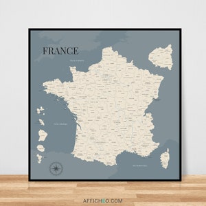 Carte de France bleue, Carte des départements de France, Affiche décorative détaillée, Idée cadeau originale
