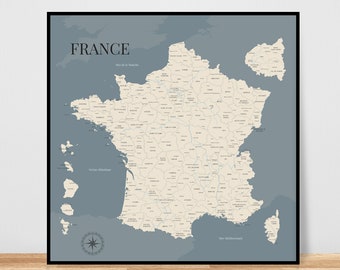 Carte de France bleue, Carte des départements de France, Affiche décorative détaillée, Idée cadeau originale