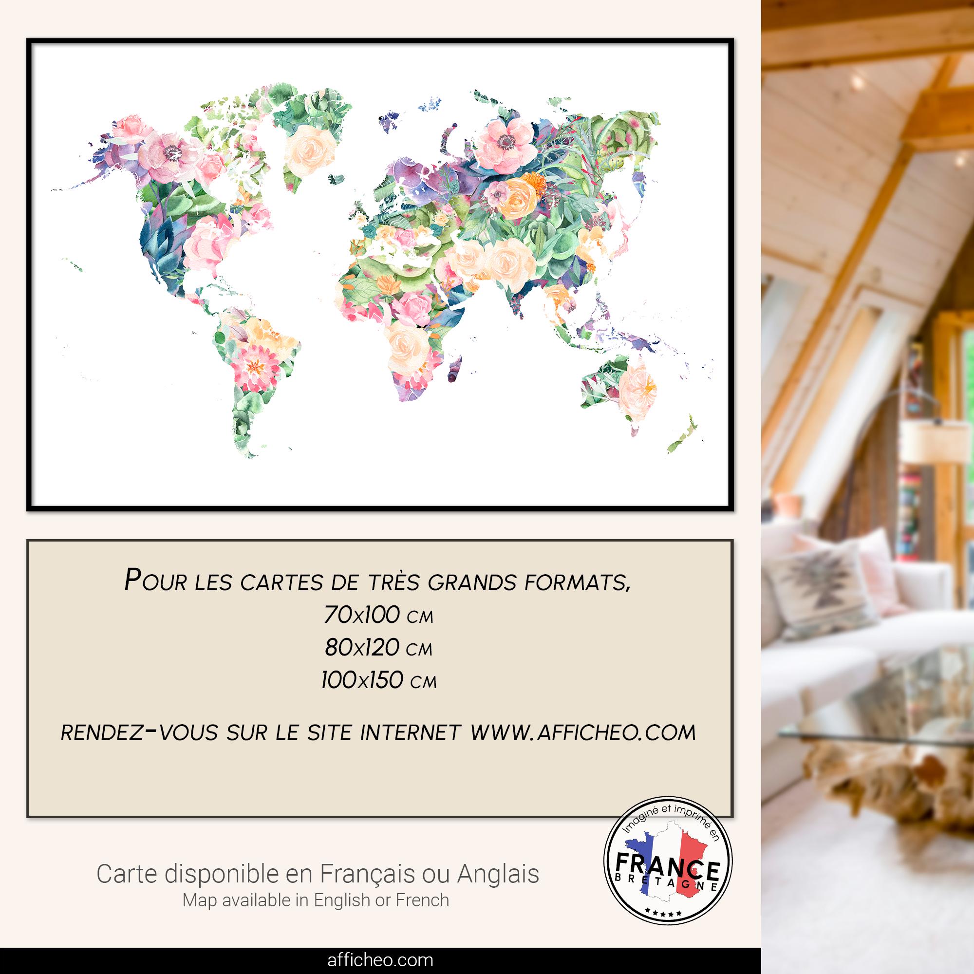 Boho Watercolor World Map Print – Floral Silhouette Illustration for ...