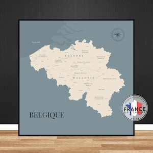 Carte de Belgique, Carte des régions de Belgique, Aquarelle en Français ou Néerlandais, Idée cadeau