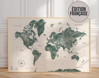 Sage Green World Map – Watercolor Wall Art Poster – Modern Travel Gift – Minimalist Geography Decor – Unframed Print