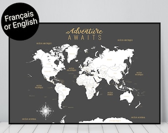 Large map of the world with countries and capitals in French, detailed gray planisphere, decorative idea for the living room