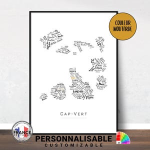 Affiche îles du Cap Vert, Carte pays Cap Vert, Noms villes et villages du Cap Vert personnalisable, Décoration murale originale, Idée cadeau