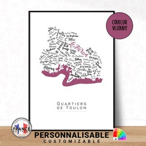 Affiche de Toulon personnalisable, Carte des quartiers de Toulon, Décoration murale, Poster des quartiers, Cadeau déco personnalisé