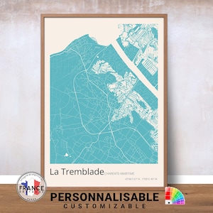 Carte La Tremblade personnalisée, 12 couleurs au choix, Affiche rues de la Tremblade, Poster ville de Le Tremblade, Affiche France colorée