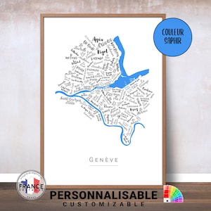 Affiche de Genève, Carte des quartiers de Genève, Cadeau déco personnalisé, Impression carte originale de Genève, Affiche moderne