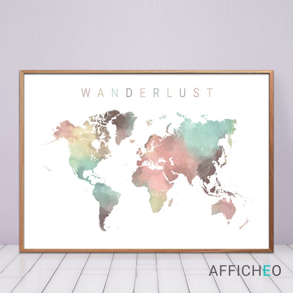 Watercolor Pastel World Map Large World Map Ideal Decor For Etsy