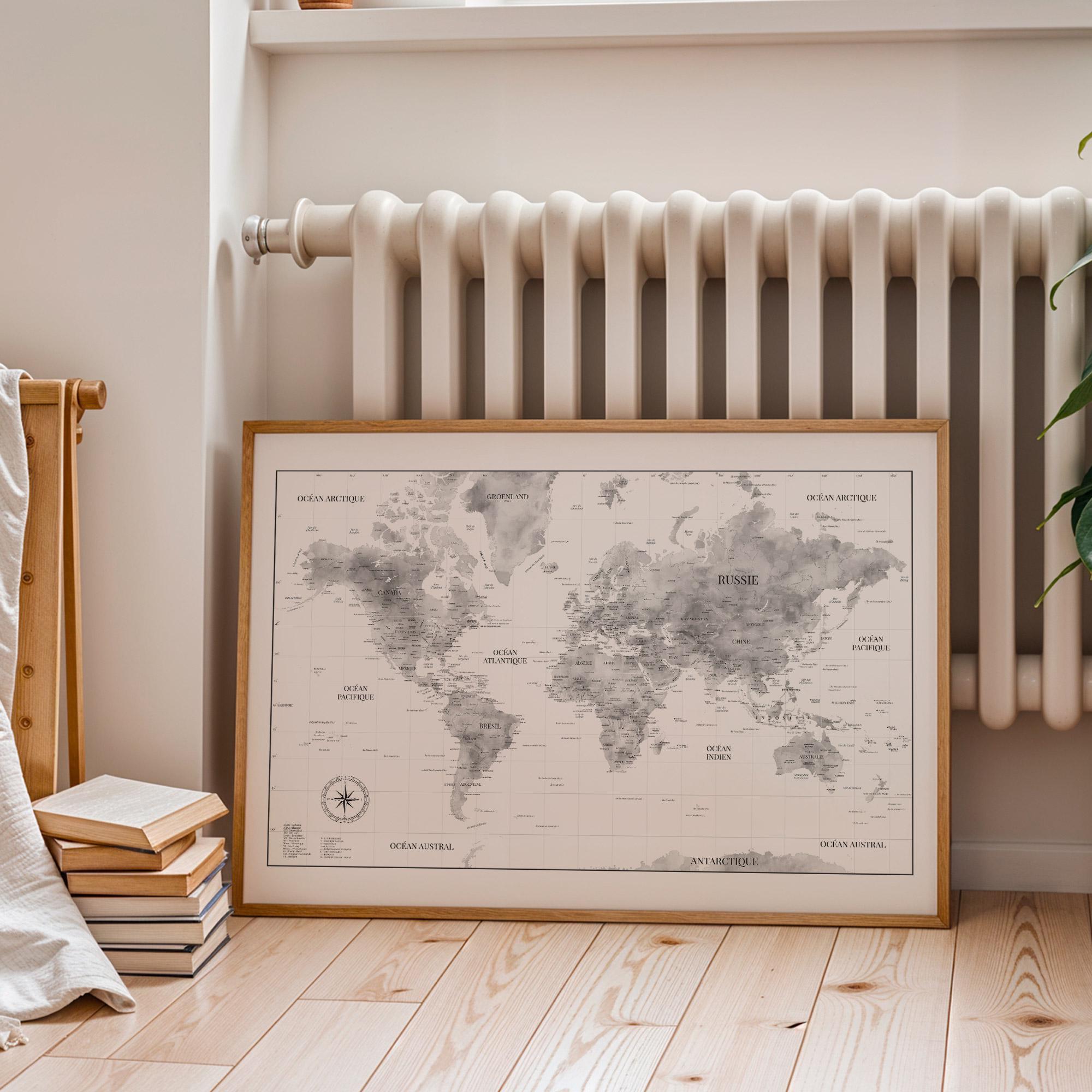 Black and White World Map – Detailed Decorative Map – Watercolor Poster – Available in English or French – Travel Wall Art